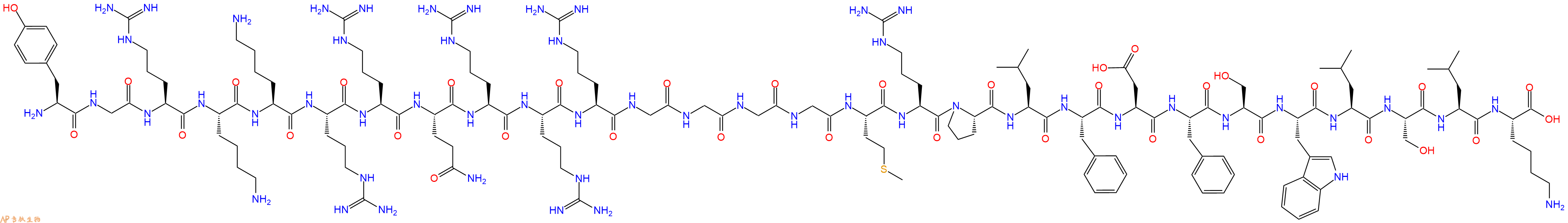 专肽生物产品H2N-Tyr-Gly-Arg-Lys-Lys-Arg-Arg-Gln-Arg-Arg-Arg-Gly-Gly-Gly-Gly-Met-Arg-Pro-Leu-Phe-Asp-Phe-Ser-Trp-Leu-Ser-Leu-Lys-OH