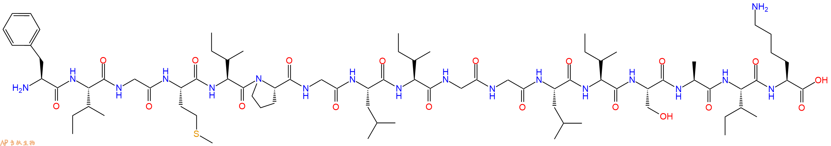 专肽生物产品H2N-Phe-Ile-Gly-Met-Ile-Pro-Gly-Leu-Ile-Gly-Gly-Leu-Ile-Ser-Ala-Ile-Lys-OH