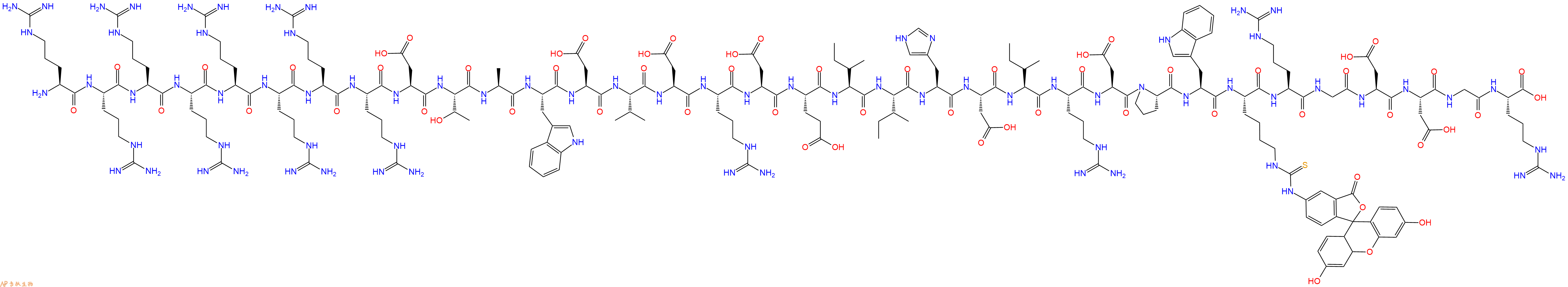 专肽生物产品H2N-Arg-Arg-Arg-Arg-Arg-Arg-Arg-Arg-Asp-Thr-Ala-Trp-Asp-Val-Asp-Arg-Asp-Glu-Ile-Ile-His-Asp-Ile-Arg-Asp-Pro-Trp-Lys(FITC)-Arg-Gly-Asp-Asp-Gly-Arg-OH