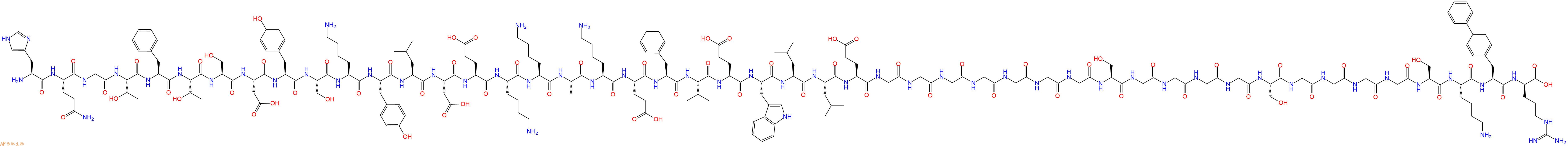 专肽生物产品H2N-His-Gln-Gly-Thr-Phe-Thr-Ser-Asp-Tyr-Ser-Lys-Tyr-Leu-Asp-Glu-Lys-Lys-Ala-Lys-Glu-Phe-Val-Glu-Trp-Leu-Leu-Glu-Gly-Gly-Gly-Gly-Gly-Gly-Gly-Ser-Gly-Gly-Gly-Gly-Ser-Gly-Gly-Gly-Gly-Ser-Lys-Bip-DArg-OH