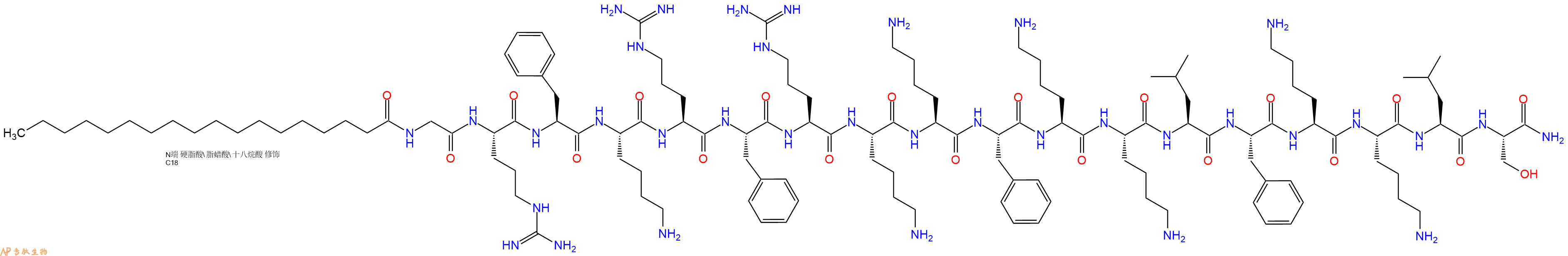 专肽生物产品Stearoyl-Gly-Arg-Phe-Lys-Arg-Phe-Arg-Lys-Lys-Phe-Lys-Lys-Leu-Phe-Lys-Lys-Leu-Ser-NH2