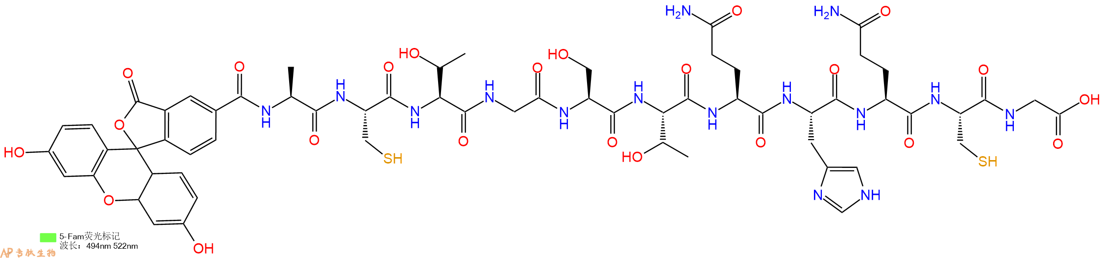 专肽生物产品5FAM-Ala-Cys-Thr-Gly-Ser-Thr-Gln-His-Gln-Cys-Gly-OH