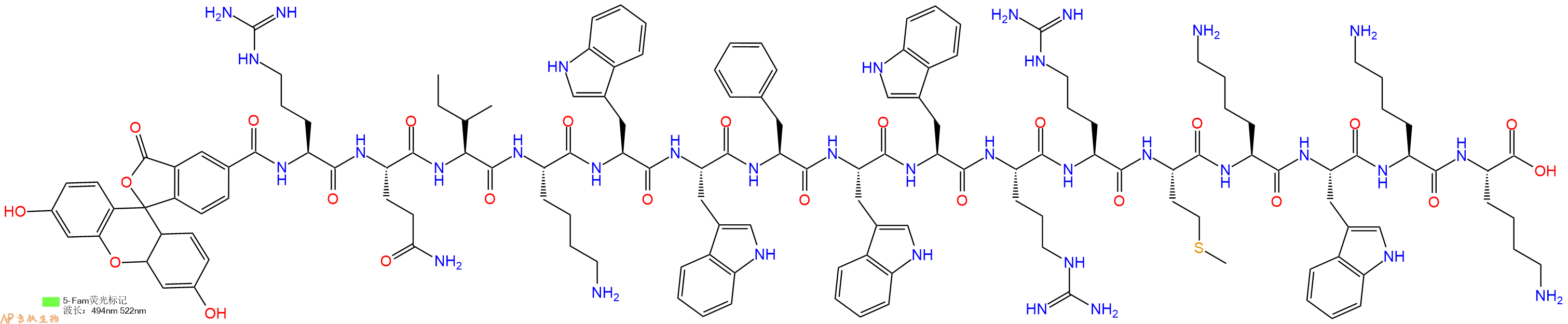专肽生物产品5FAM-Arg-Gln-Ile-Lys-Trp-Trp-Phe-Trp-Trp-Arg-Arg-Met-Lys-Trp-Lys-Lys-OH