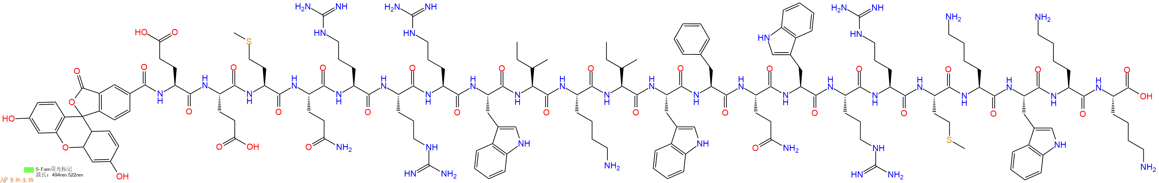 专肽生物产品5FAM-Glu-Glu-Met-Gln-Arg-Arg-Arg-Trp-Ile-Lys-Ile-Trp-Phe-Gln-Trp-Arg-Arg-Met-Lys-Trp-Lys-Lys-OH