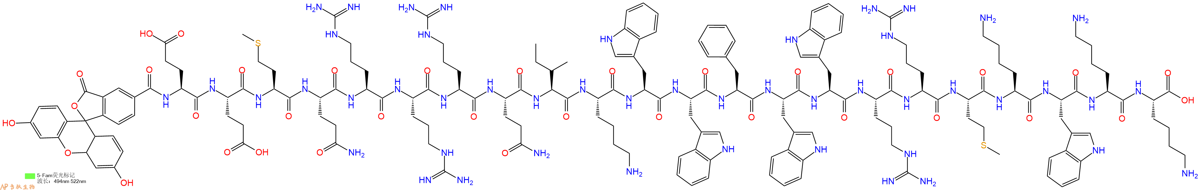 专肽生物产品5FAM-Glu-Glu-Met-Gln-Arg-Arg-Arg-Gln-Ile-Lys-Trp-Trp-Phe-Trp-Trp-Arg-Arg-Met-Lys-Trp-Lys-Lys-OH