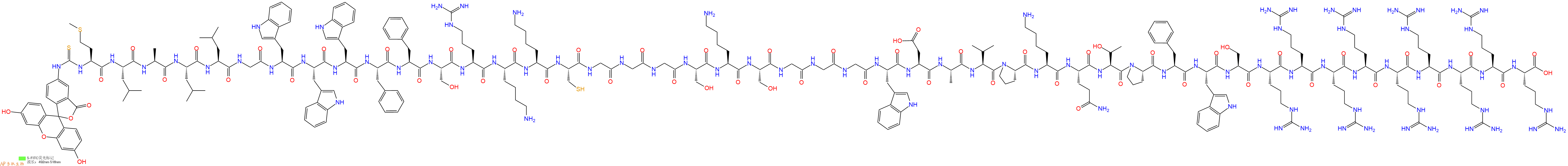 专肽生物产品5FITC-Met-Leu-Ala-Leu-Leu-Gly-Trp-Trp-Trp-Phe-Phe-Ser-Arg-Lys-Lys-Cys-Gly-Gly-Gly-Ser-Lys-Ser-Gly-Gly-Gly-Trp-Asp-Ala-Val-Pro-Lys-Gln-Thr-Pro-Phe-Trp-Ser-Arg-Arg-Arg-Arg-Arg-Arg-Arg-Arg-Arg-OH