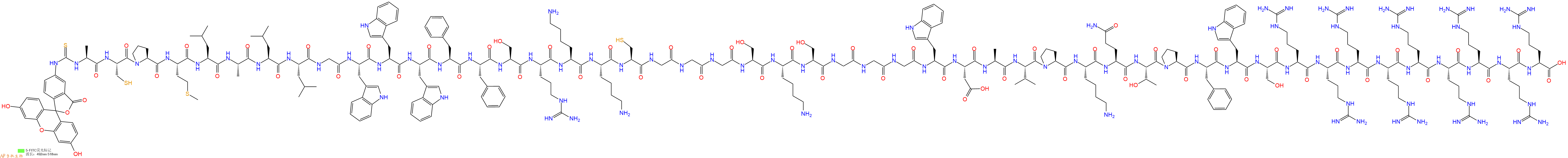 专肽生物产品5FITC-Ala-Cys-Pro-Met-Leu-Ala-Leu-Leu-Gly-Trp-Trp-Trp-Phe-Phe-Ser-Arg-Lys-Lys-Cys-Gly-Gly-Gly-Ser-Lys-Ser-Gly-Gly-Gly-Trp-Asp-Ala-Val-Pro-Lys-Gln-Thr-Pro-Phe-Trp-Ser-Arg-Arg-Arg-Arg-Arg-Arg-Arg-Arg-Arg-OH