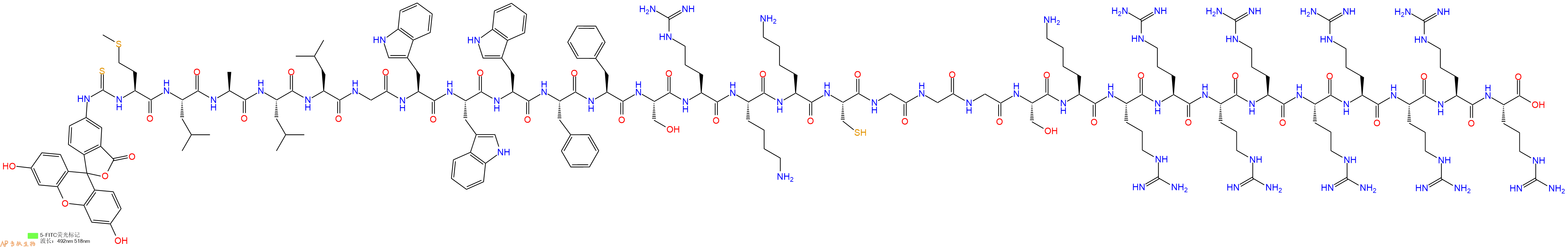 专肽生物产品5FITC-Met-Leu-Ala-Leu-Leu-Gly-Trp-Trp-Trp-Phe-Phe-Ser-Arg-Lys-Lys-Cys-Gly-Gly-Gly-Ser-Lys-Arg-Arg-Arg-Arg-Arg-Arg-Arg-Arg-Arg-OH
