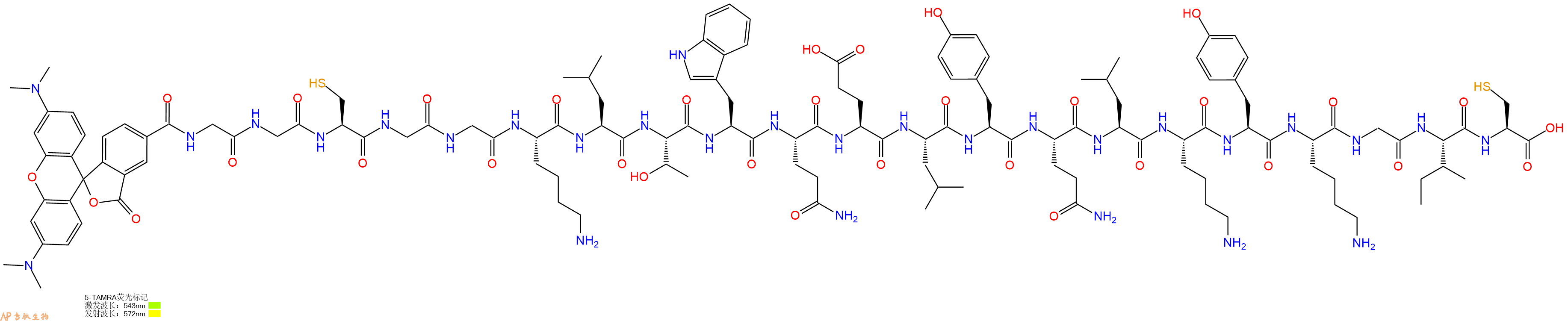 专肽生物产品5TAMRA-Gly-Gly-Cys-Gly-Gly-Lys-Leu-Thr-Trp-Gln-Glu-Leu-Tyr-Gln-Leu-Lys-Tyr-Lys-Gly-Ile-Cys-OH