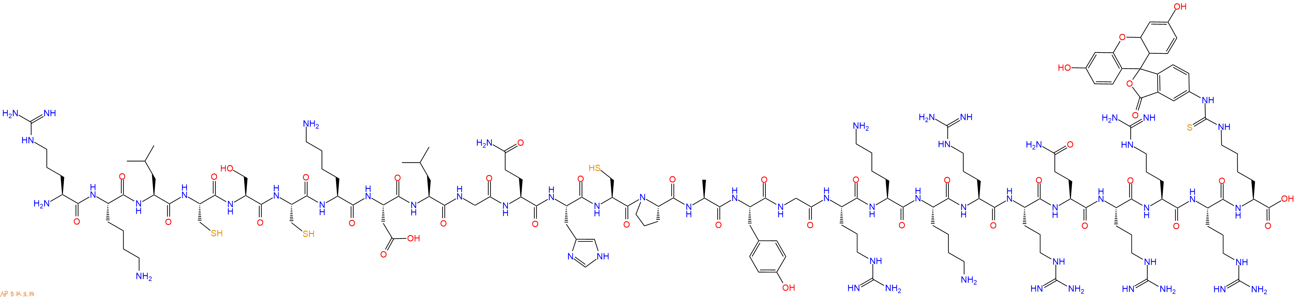 专肽生物产品H2N-Arg-Lys-Leu-Cys-Ser-Cys-Lys-Asp-Leu-Gly-Gln-His-Cys-Pro-Ala-Tyr-Gly-Arg-Lys-Lys-Arg-Arg-Gln-Arg-Arg-Arg-Lys(FITC)-OH