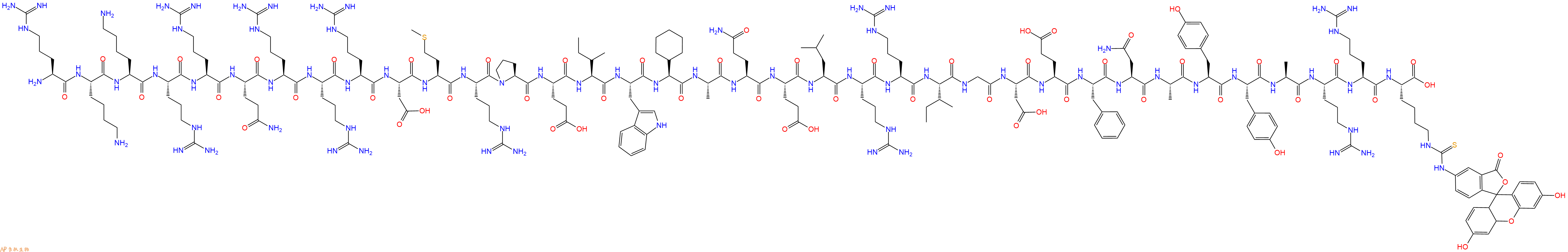 专肽生物产品H2N-Arg-Lys-Lys-Arg-Arg-Gln-Arg-Arg-Arg-Asp-Met-Arg-Pro-Glu-Ile-Trp-Chg-Ala-Gln-Glu-Leu-Arg-Arg-Ile-Gly-Asp-Glu-Phe-Asn-Ala-Tyr-Tyr-Ala-Arg-Arg-Lys(FITC)-OH