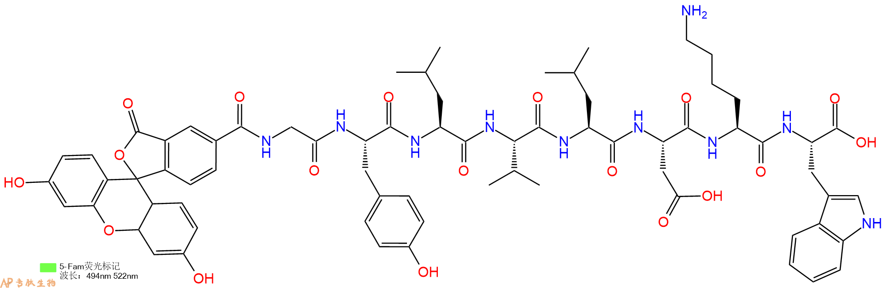 专肽生物产品5FAM-Gly-Tyr-Leu-Val-Leu-Asp-Lys-Trp-OH