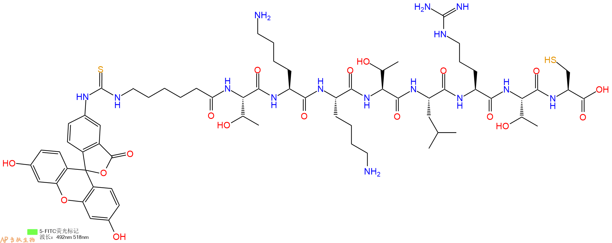 专肽生物产品5FITC-Ahx-Thr-Lys-Lys-Thr-Leu-Arg-Thr-Cys-OH