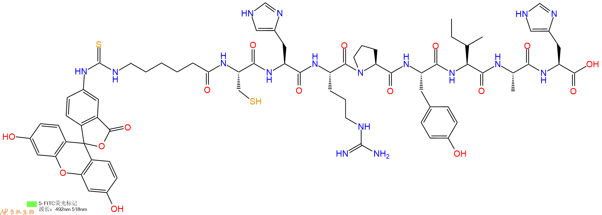 专肽生物产品5FITC-Ahx-Cys-His-Arg-Pro-Tyr-Ile-Ala-His-OH