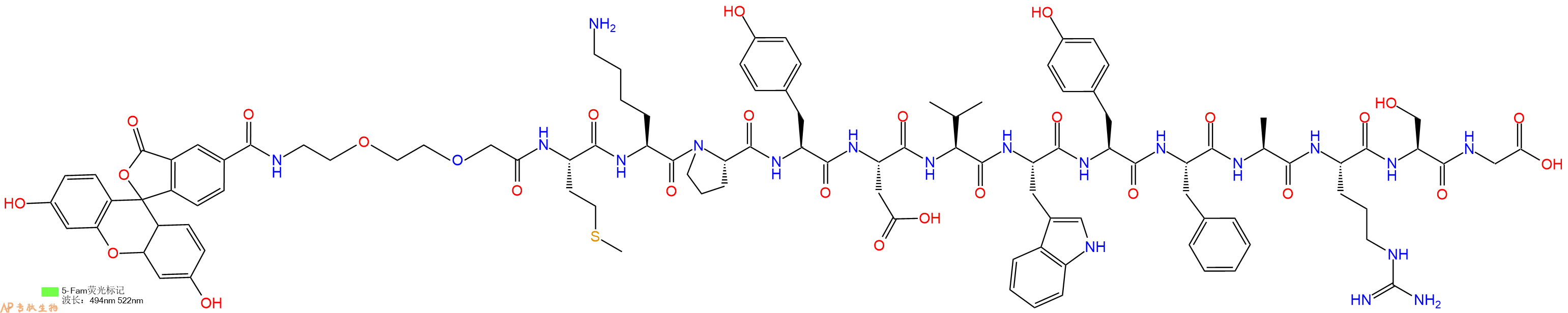 专肽生物产品5FAM-PEG2-Met-Lys-Pro-Tyr-Asp-Val-Trp-Tyr-Phe-Ala-Arg-Ser-Gly