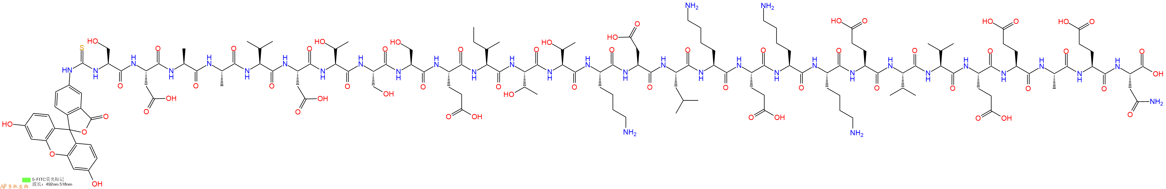 专肽生物产品5FITC-Ser-Asp-Ala-Ala-Val-Asp-Thr-Ser-Ser-Glu-Ile-Thr-Thr-Lys-Asp-Leu-Lys-Glu-Lys-Lys-Glu-Val-Val-Glu-Glu-Ala-Glu-Asn-OH