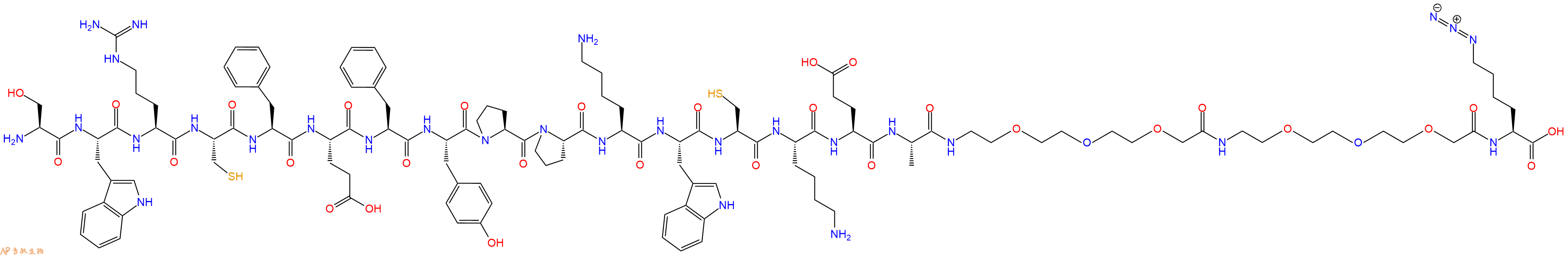 专肽生物产品Ser-Trp-Arg-Cys-Phe-Glu-Phe-Tyr-Pro-Pro-Lys-Trp-Cys-Lys-Glu-Ala-PEG3-PEG3-Lys(N3)