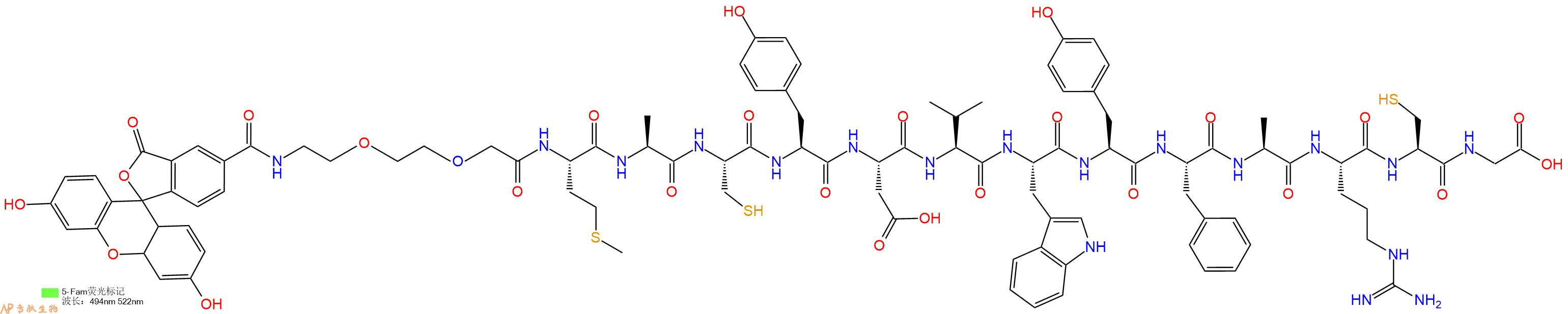 专肽生物产品5FAM-PEG2-Met-Ala-Cys-Tyr-Asp-Val-Trp-Tyr-Phe-Ala-Arg-Cys-Gly