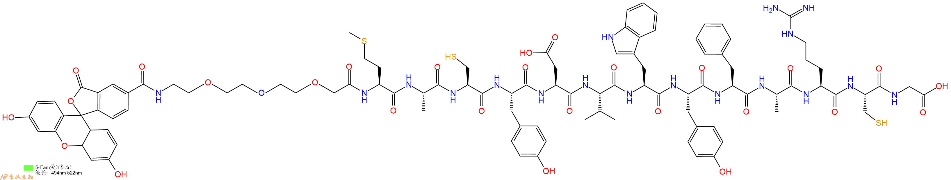 专肽生物产品5FAM-PEG3-Met-Ala-Cys-Tyr-Asp-Val-Trp-Tyr-Phe-Ala-Arg-Cys-Gly