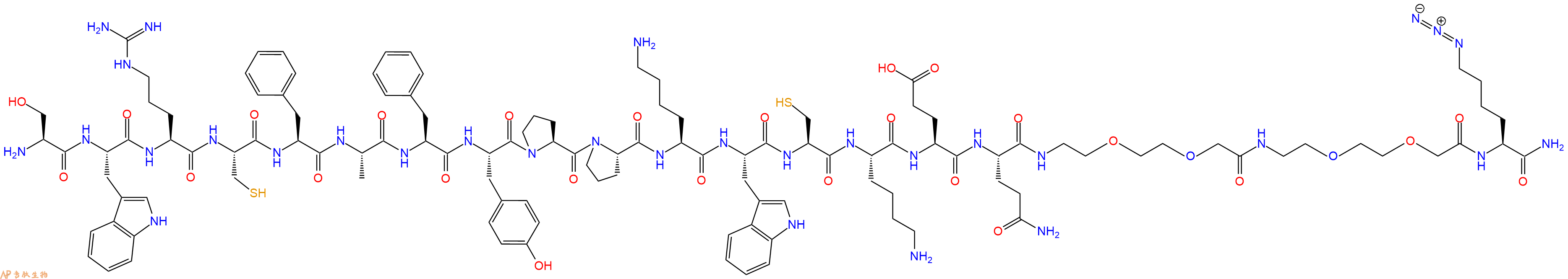 专肽生物产品Ser-Trp-Arg-Cys-Phe-Ala-Phe-Tyr-Pro-Pro-Lys-Trp-Cys-Lys-Glu-Gln-PEG2-PEG2-Lys(N3)-NH2