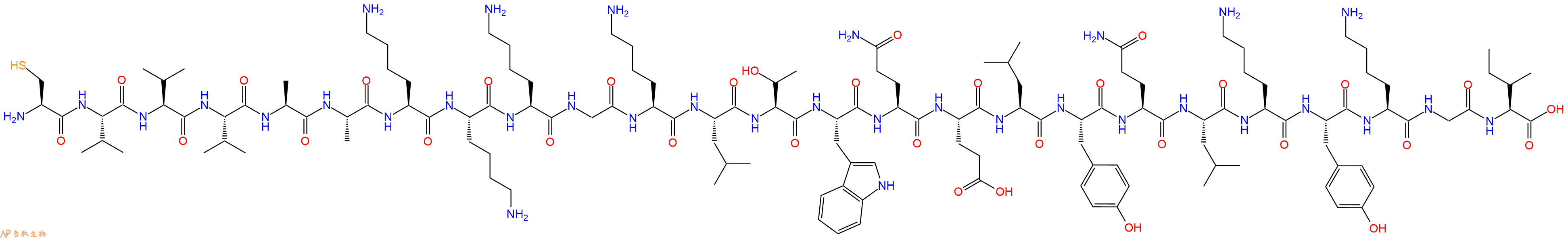 专肽生物产品H2N-Cys-Val-Val-Val-Ala-Ala-Lys-Lys-Lys-Gly-Lys-Leu-Thr-Trp-Gln-Glu-Leu-Tyr-Gln-Leu-Lys-Tyr-Lys-Gly-Ile-OH
