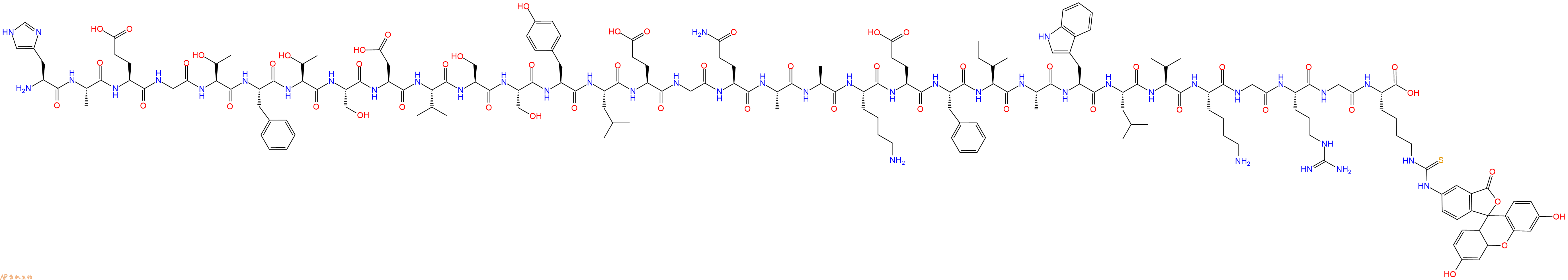 专肽生物产品H2N-His-Ala-Glu-Gly-Thr-Phe-Thr-Ser-Asp-Val-Ser-Ser-Tyr-Leu-Glu-Gly-Gln-Ala-Ala-Lys-Glu-Phe-Ile-Ala-Trp-Leu-Val-Lys-Gly-Arg-Gly-Lys(FITC)-OH