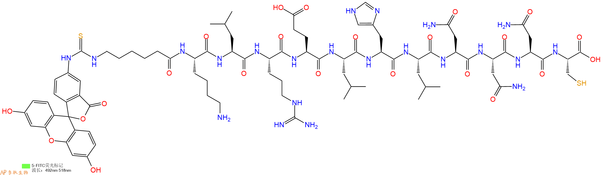 专肽生物产品5FITC-Ahx-Lys-Leu-Arg-Glu-Leu-His-Leu-Asn-Asn-Asn-Cys-OH