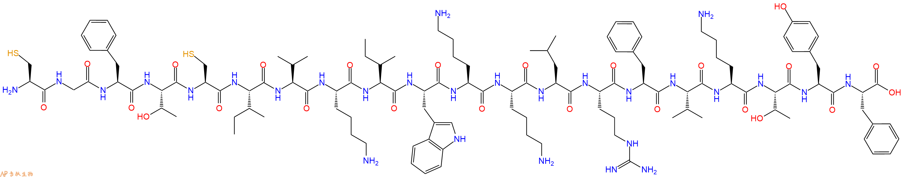 专肽生物产品H2N-Cys-Gly-Phe-Thr-Cys-Ile-Val-Lys-Ile-Trp-Lys-Lys-Leu-Arg-Phe-Val-Lys-Thr-Tyr-Phe-OH