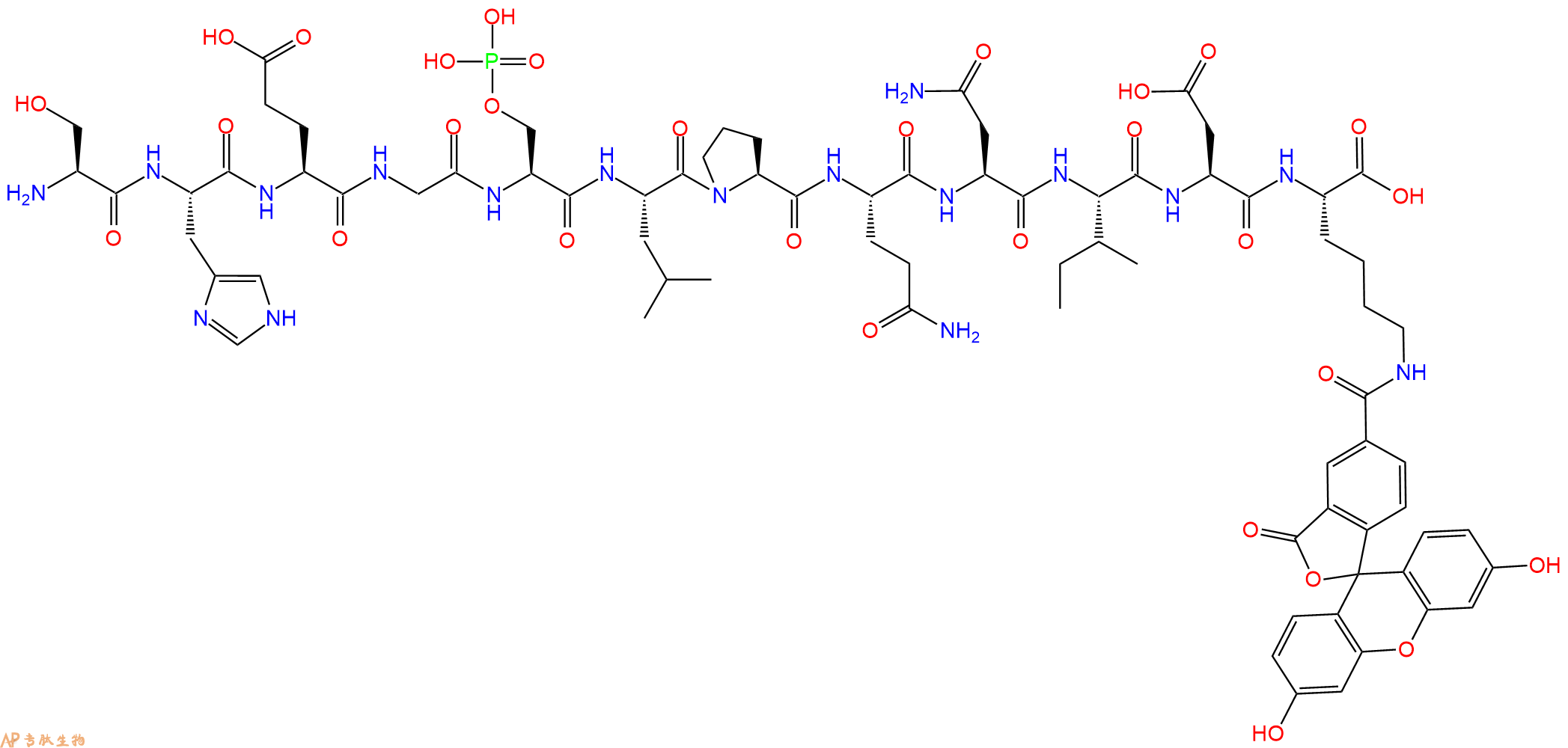 专肽生物产品H2N-Ser-His-Glu-Gly-Ser(PO3H2)-Leu-Pro-Gln-Asn-Ile-Asp-Lys(5FAM)-OH