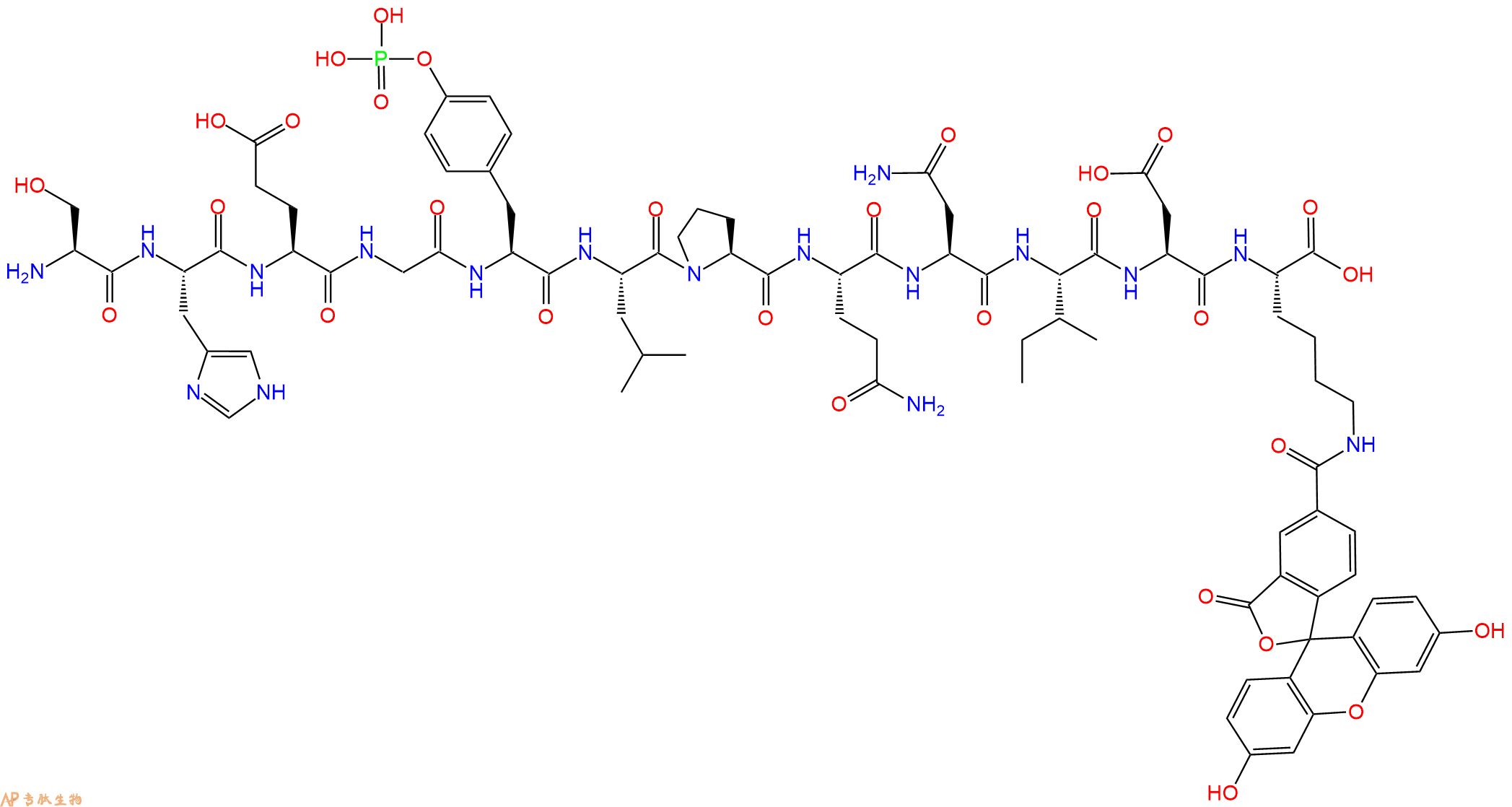 专肽生物产品H2N-Ser-His-Glu-Gly-Tyr(PO3H2)-Leu-Pro-Gln-Asn-Ile-Asp-Lys(5FAM)-OH