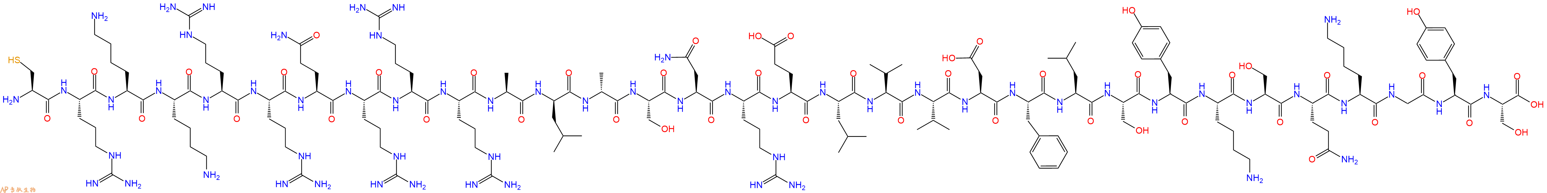 专肽生物产品H2N-Cys-Arg-Lys-Lys-Arg-Arg-Gln-Arg-Arg-Arg-Ala-DLeu-DAla-Ser-Asn-Arg-Glu-Leu-Val-Val-Asp-Phe-Leu-Ser-Tyr-Lys-Ser-Gln-Lys-Gly-Tyr-Ser-OH