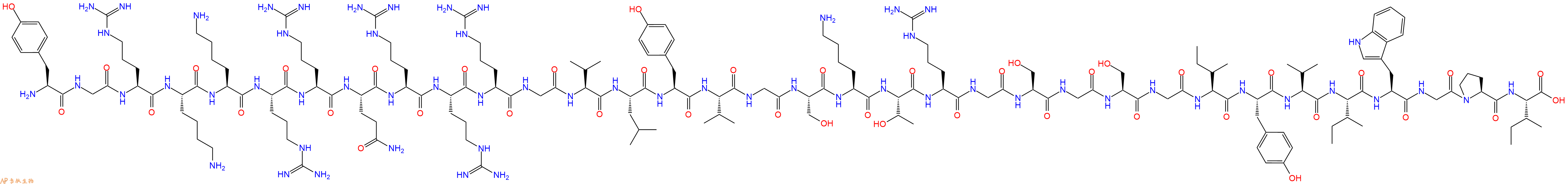 专肽生物产品H2N-Tyr-Gly-Arg-Lys-Lys-Arg-Arg-Gln-Arg-Arg-Arg-Gly-Val-Leu-Tyr-Val-Gly-Ser-Lys-Thr-Arg-Gly-Ser-Gly-Ser-Gly-Ile-Tyr-Val-Ile-Trp-Gly-Pro-Ile-OH