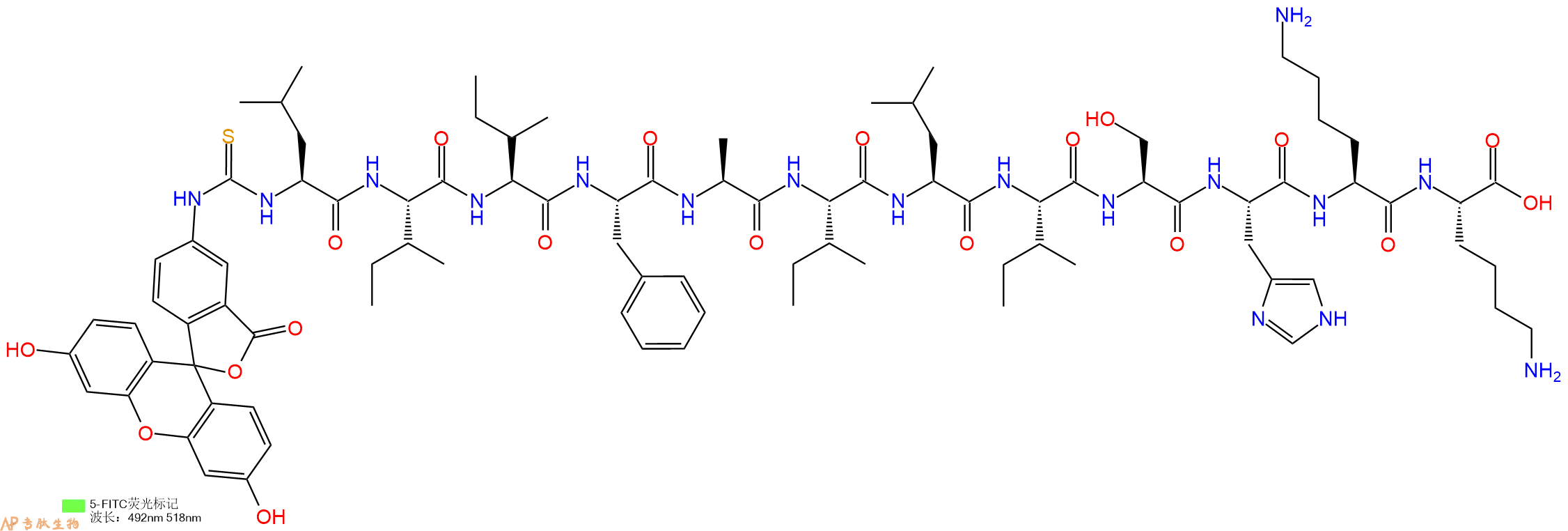 专肽生物产品5FITC-Leu-Ile-Ile-Phe-Ala-Ile-Leu-Ile-Ser-His-Lys-Lys-OH