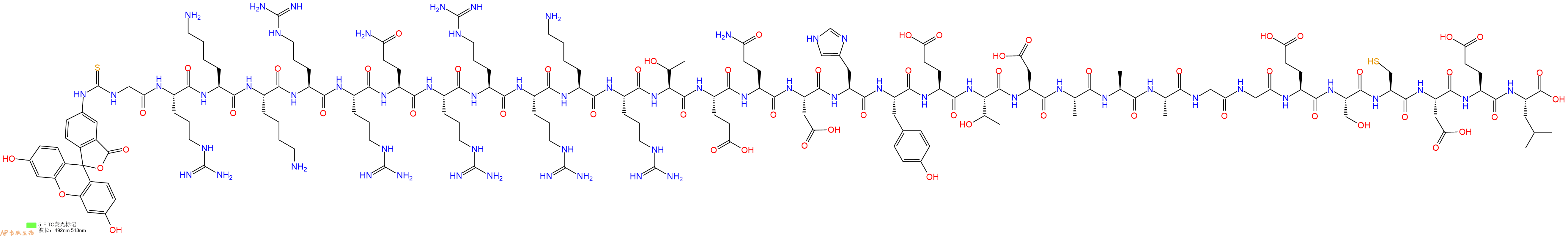 专肽生物产品5FITC-Gly-Arg-Lys-Lys-Arg-Arg-Gln-Arg-Arg-Arg-Lys-Arg-Thr-Glu-Gln-Asp-His-Tyr-Glu-Thr-Asp-Ala-Ala-Ala-Gly-Gly-Glu-Ser-Cys-Asp-Glu-Leu-OH
