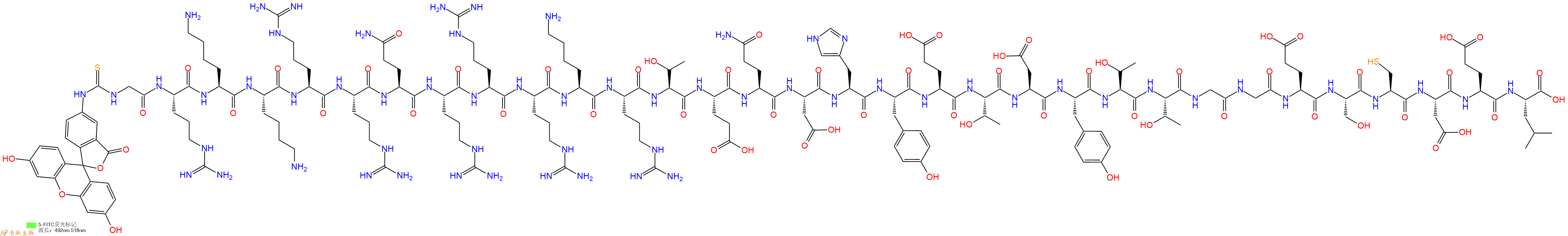 专肽生物产品5FITC-Gly-Arg-Lys-Lys-Arg-Arg-Gln-Arg-Arg-Arg-Lys-Arg-Thr-Glu-Gln-Asp-His-Tyr-Glu-Thr-Asp-Tyr-Thr-Thr-Gly-Gly-Glu-Ser-Cys-Asp-Glu-Leu-OH