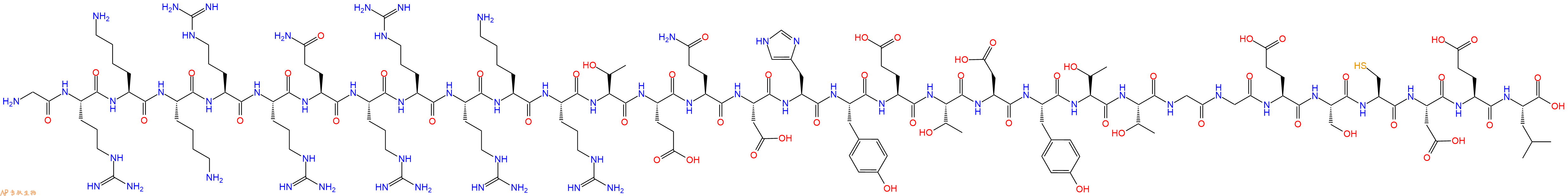 专肽生物产品H2N-Gly-Arg-Lys-Lys-Arg-Arg-Gln-Arg-Arg-Arg-Lys-Arg-Thr-Glu-Gln-Asp-His-Tyr-Glu-Thr-Asp-Tyr-Thr-Thr-Gly-Gly-Glu-Ser-Cys-Asp-Glu-Leu-OH