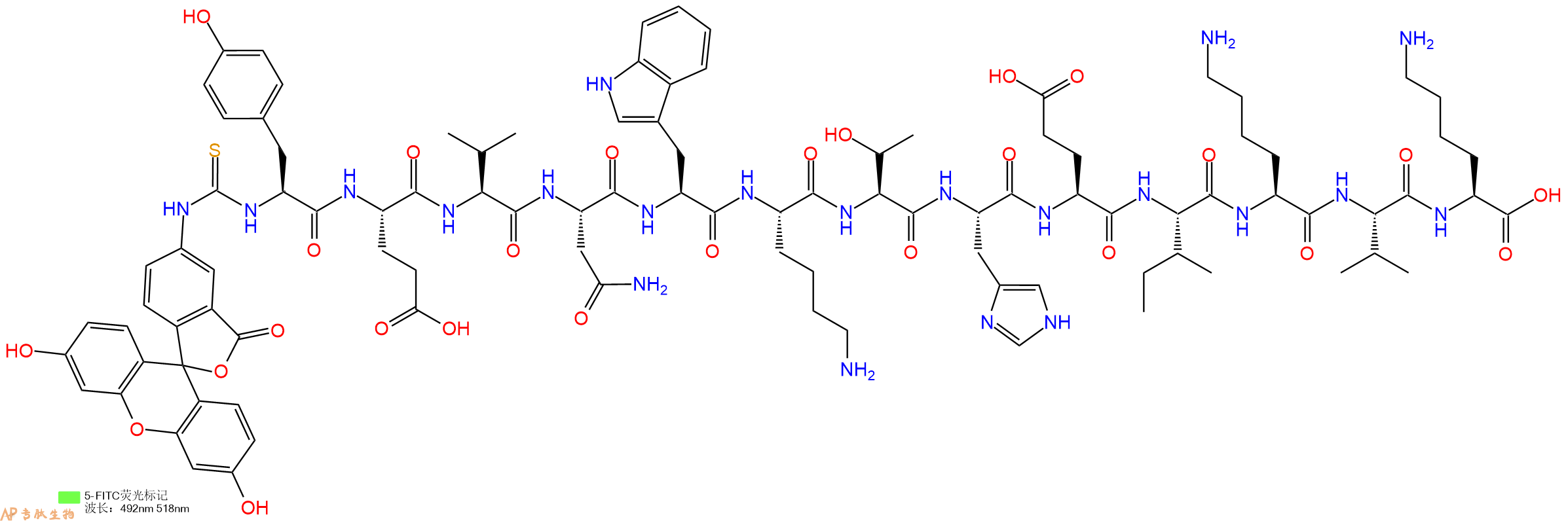 专肽生物产品5FITC-Tyr-Glu-Val-Asn-Trp-Lys-Thr-His-Glu-Ile-Lys-Val-Lys-OH
