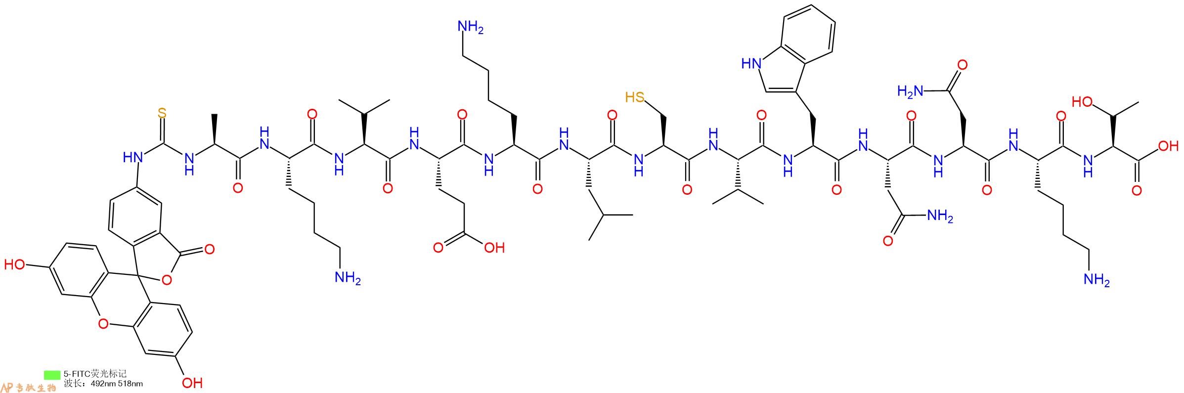 专肽生物产品5FITC-Ala-Lys-Val-Glu-Lys-Leu-Cys-Val-Trp-Asn-Asn-Lys-Thr-OH