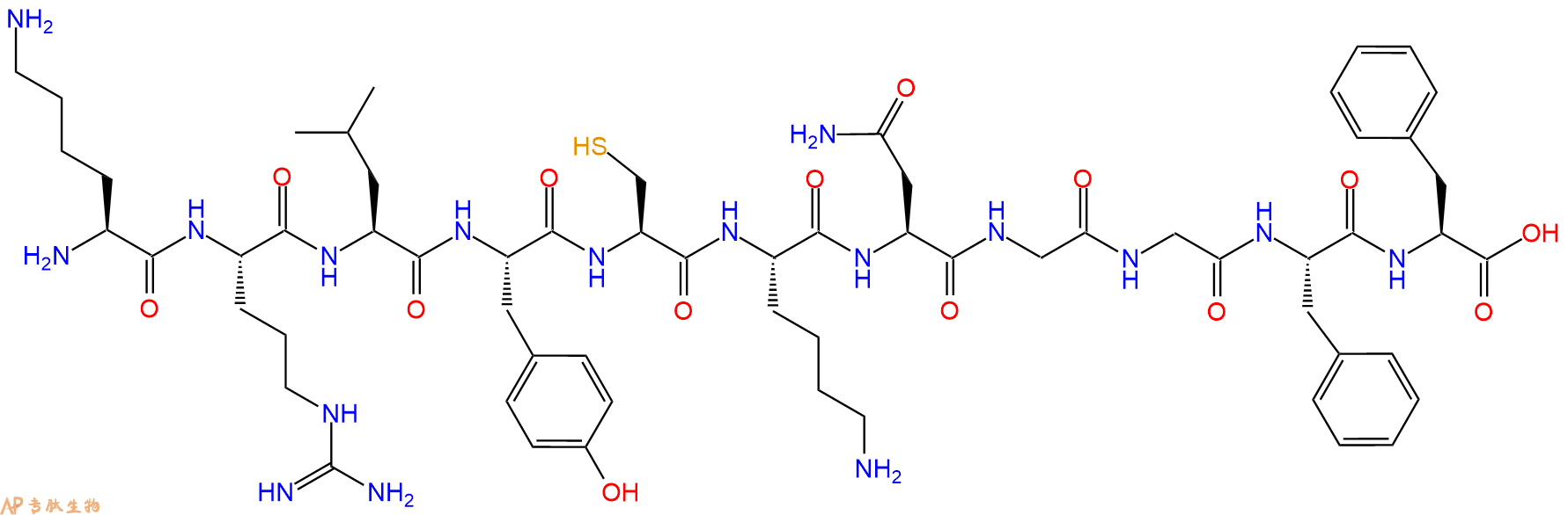 专肽生物产品H2N-Lys-Arg-Leu-Tyr-Cys-Lys-Asn-Gly-Gly-Phe-Phe-OH