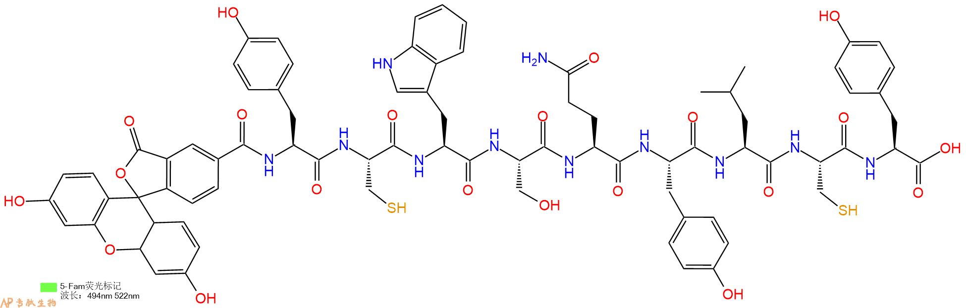 专肽生物产品5FAM-Tyr-Cys-Trp-Ser-Gln-Tyr-Leu-Cys-Tyr-OH