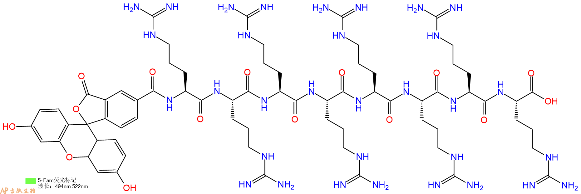 专肽生物产品细胞穿膜肽(Arg)8, FAM-labeled、FAM-R8