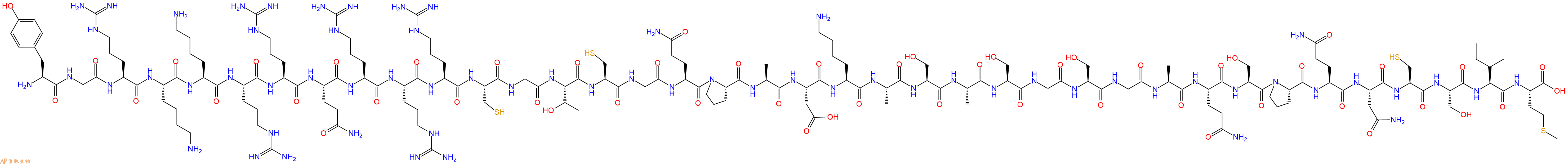 专肽生物产品H2N-Tyr-Gly-Arg-Lys-Lys-Arg-Arg-Gln-Arg-Arg-Arg-Cys-Gly-Thr-Cys-Gly-Gln-Pro-Ala-Asp-Lys-Ala-Ser-Ala-Ser-Gly-Ser-Gly-Ala-Gln-Ser-Pro-Gln-Asn-Cys-Ser-Ile-Met-OH