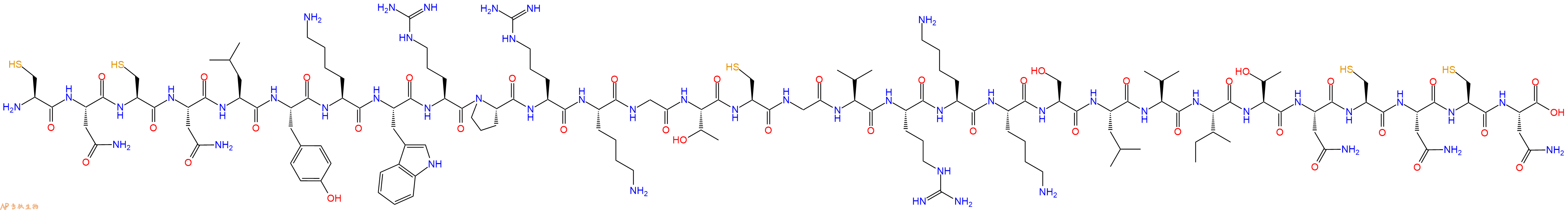 专肽生物产品H2N-Cys-Asn-Cys-Asn-Leu-Tyr-Lys-Trp-Arg-Pro-Arg-Lys-Gly-Thr-Cys-Gly-Val-Arg-Lys-Lys-Ser-Leu-Val-Ile-Thr-Asn-Cys-Asn-Cys-Asn-OH