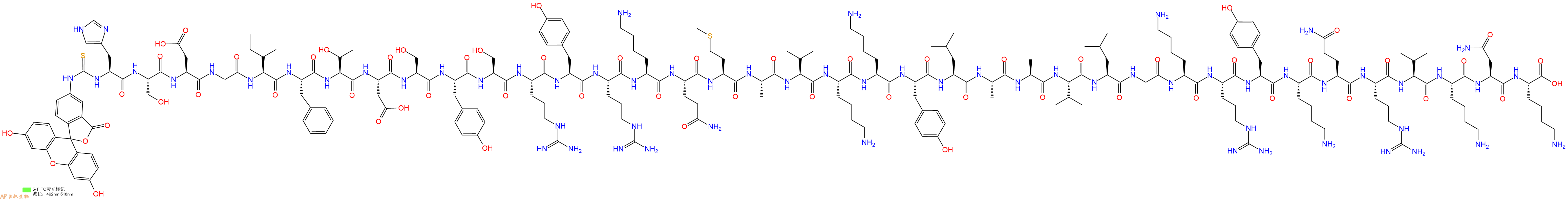 专肽生物产品5FITC-His-Ser-Asp-Gly-Ile-Phe-Thr-Asp-Ser-Tyr-Ser-Arg-Tyr-Arg-Lys-Gln-Met-Ala-Val-Lys-Lys-Tyr-Leu-Ala-Ala-Val-Leu-Gly-Lys-Arg-Tyr-Lys-Gln-Arg-Val-Lys-Asn-Lys-OH