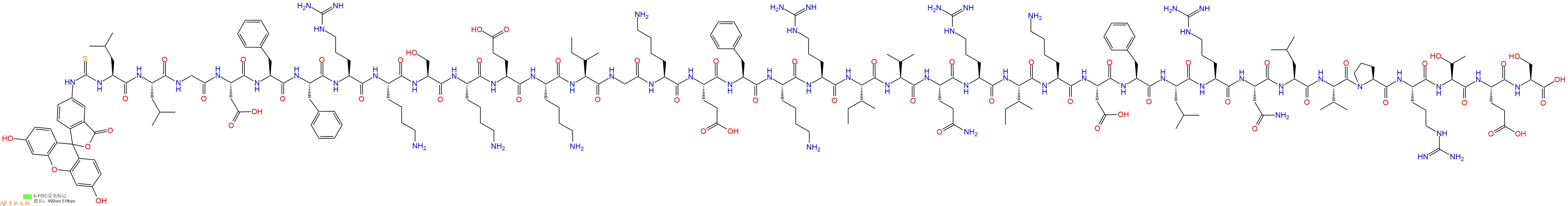 专肽生物产品5FITC-Leu-Leu-Gly-Asp-Phe-Phe-Arg-Lys-Ser-Lys-Glu-Lys-Ile-Gly-Lys-Glu-Phe-Lys-Arg-Ile-Val-Gln-Arg-Ile-Lys-Asp-Phe-Leu-Arg-Asn-Leu-Val-Pro-Arg-Thr-Glu-Ser-OH