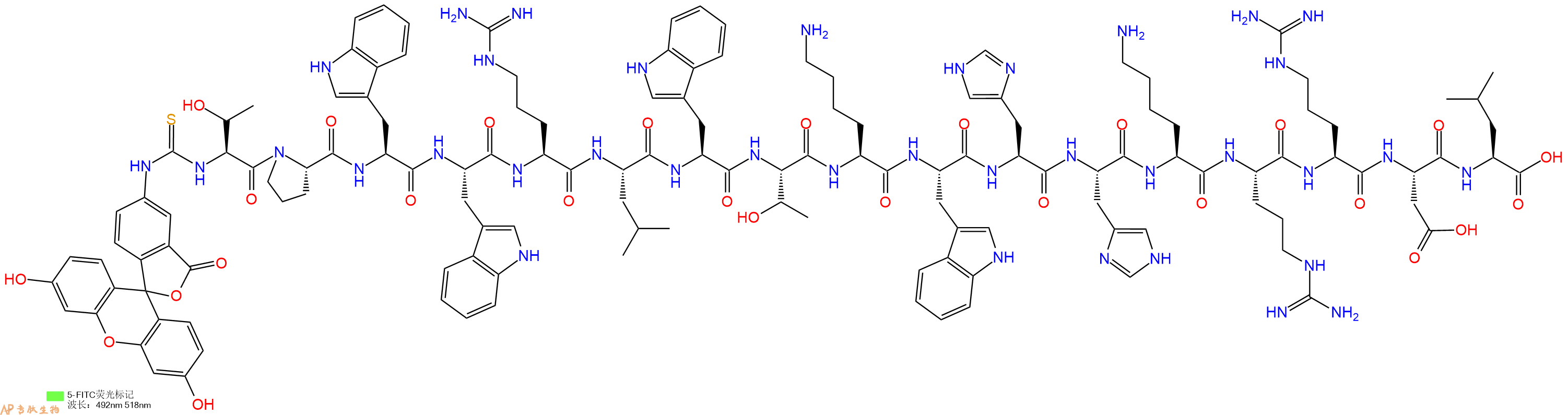 专肽生物产品5FITC-Thr-Pro-Trp-Trp-Arg-Leu-Trp-Thr-Lys-Trp-His-His-Lys-Arg-Arg-Asp-Leu-OH