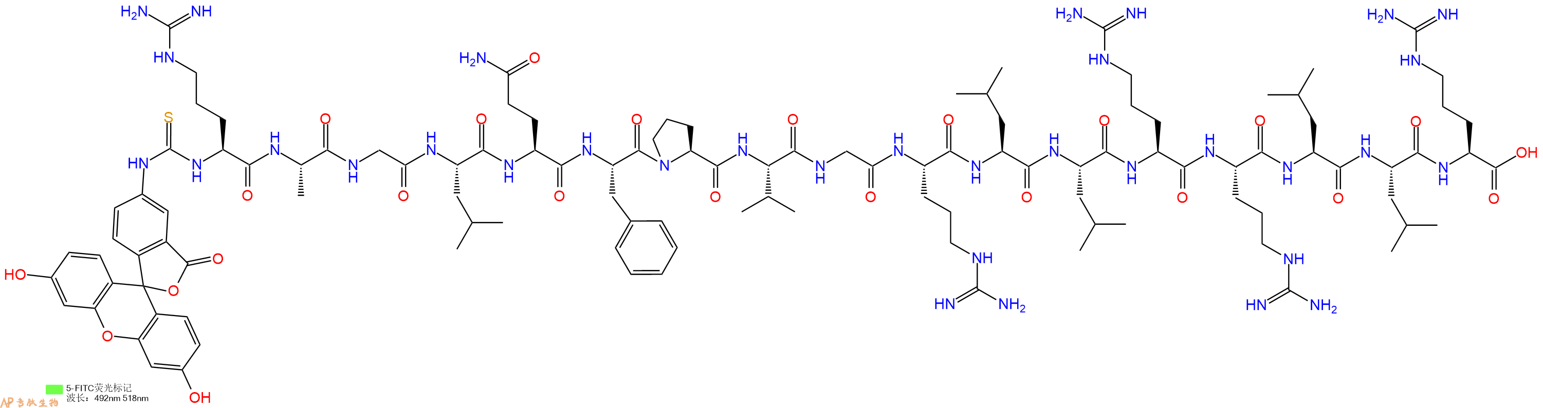 专肽生物产品5FITC-Arg-Ala-Gly-Leu-Gln-Phe-Pro-Val-Gly-Arg-Leu-Leu-Arg-Arg-Leu-Leu-Arg-OH