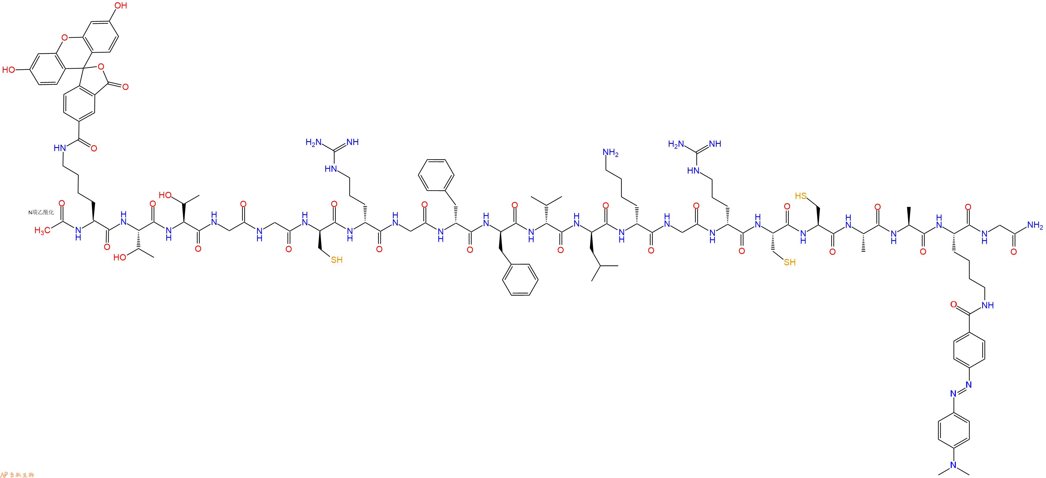 专肽生物产品Ac-Lys(5FAM)-Thr-Thr-Gly-Gly-DCys-DArg-Gly-DPhe-DPhe-DVal-DLeu-DLys-Gly-DArg-Cys-Cys-Ala-Ala-Lys(Dabcyl)-Gly-NH2