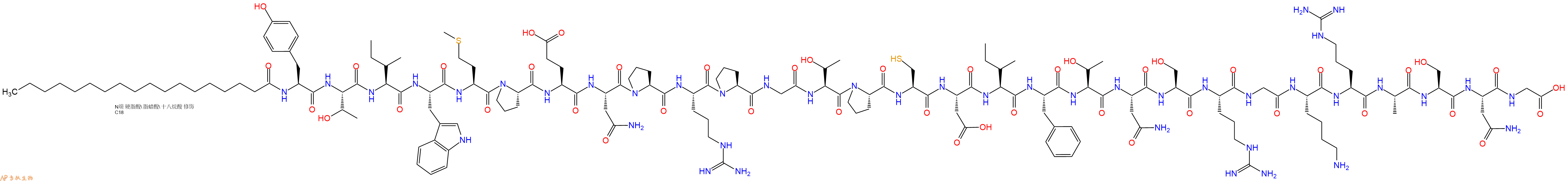 专肽生物产品Stearoyl-Tyr-Thr-Ile-Trp-Met-Pro-Glu-Asn-Pro-Arg-Pro-Gly-Thr-Pro-Cys-Asp-Ile-Phe-Thr-Asn-Ser-Arg-Gly-Lys-Arg-Ala-Ser-Asn-Gly-OH