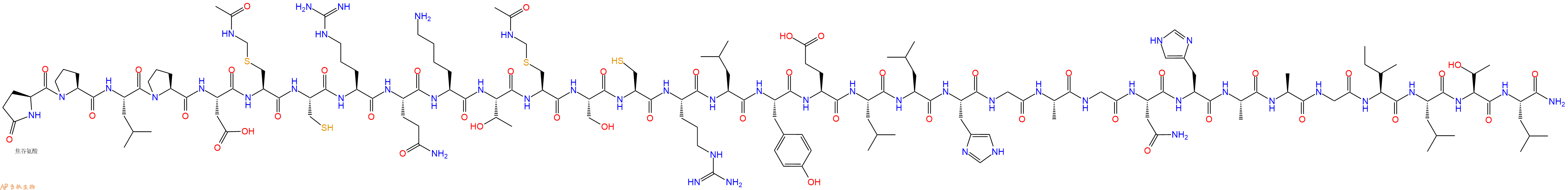 专肽生物产品Pyr-Pro-Leu-Pro-Asp-Cys(Acm)-Cys-Arg-Gln-Lys-Thr-Cys(Acm)-Ser-Cys-Arg-Leu-Tyr-Glu-Leu-Leu-His-Gly-Ala-Gly-Asn-His-Ala-Ala-Gly-Ile-Leu-Thr-Leu-NH2